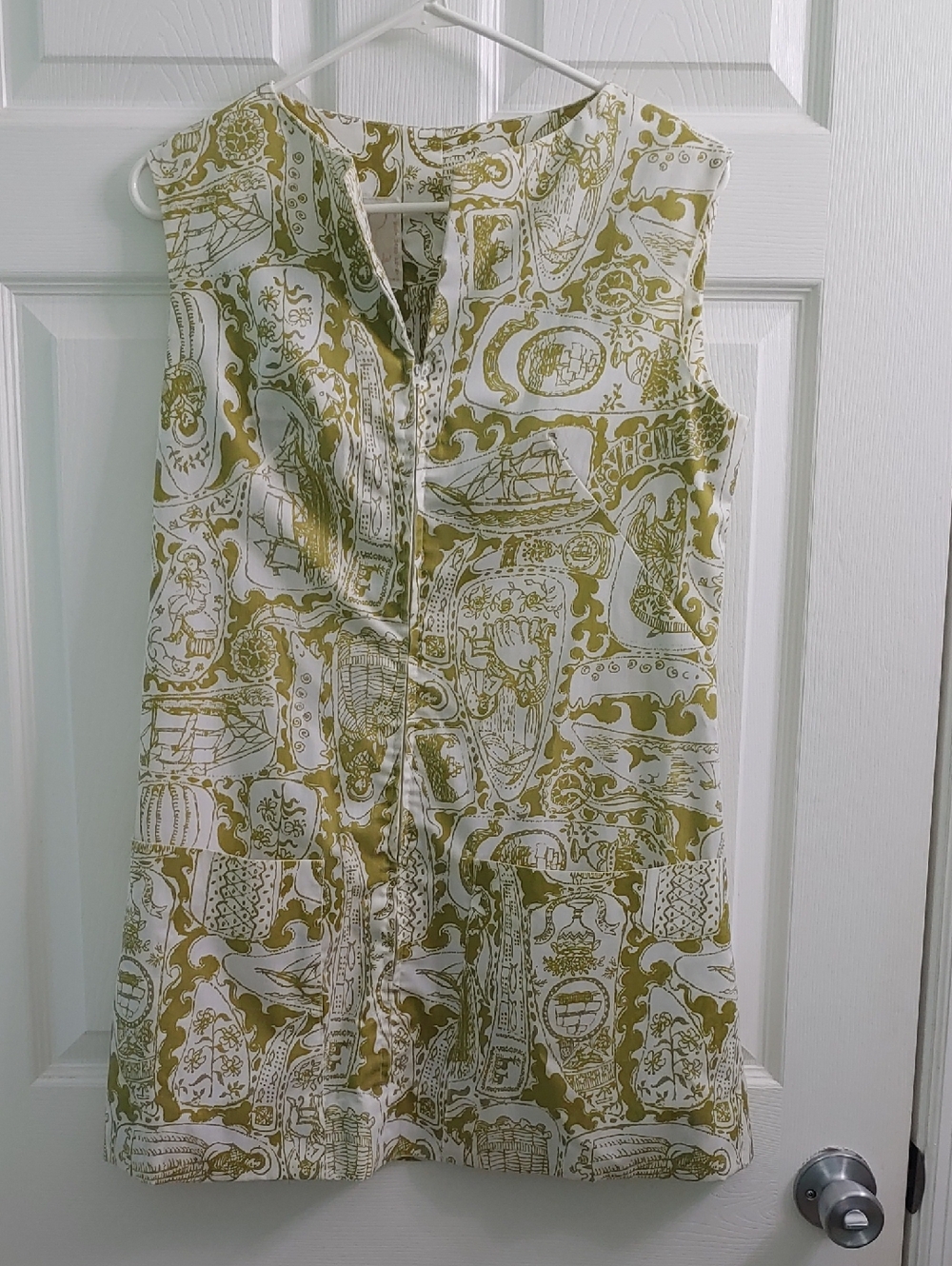 Vintage Vanda Dress Hand Printed Boho Coastal Green & White Mini Women's Size 12